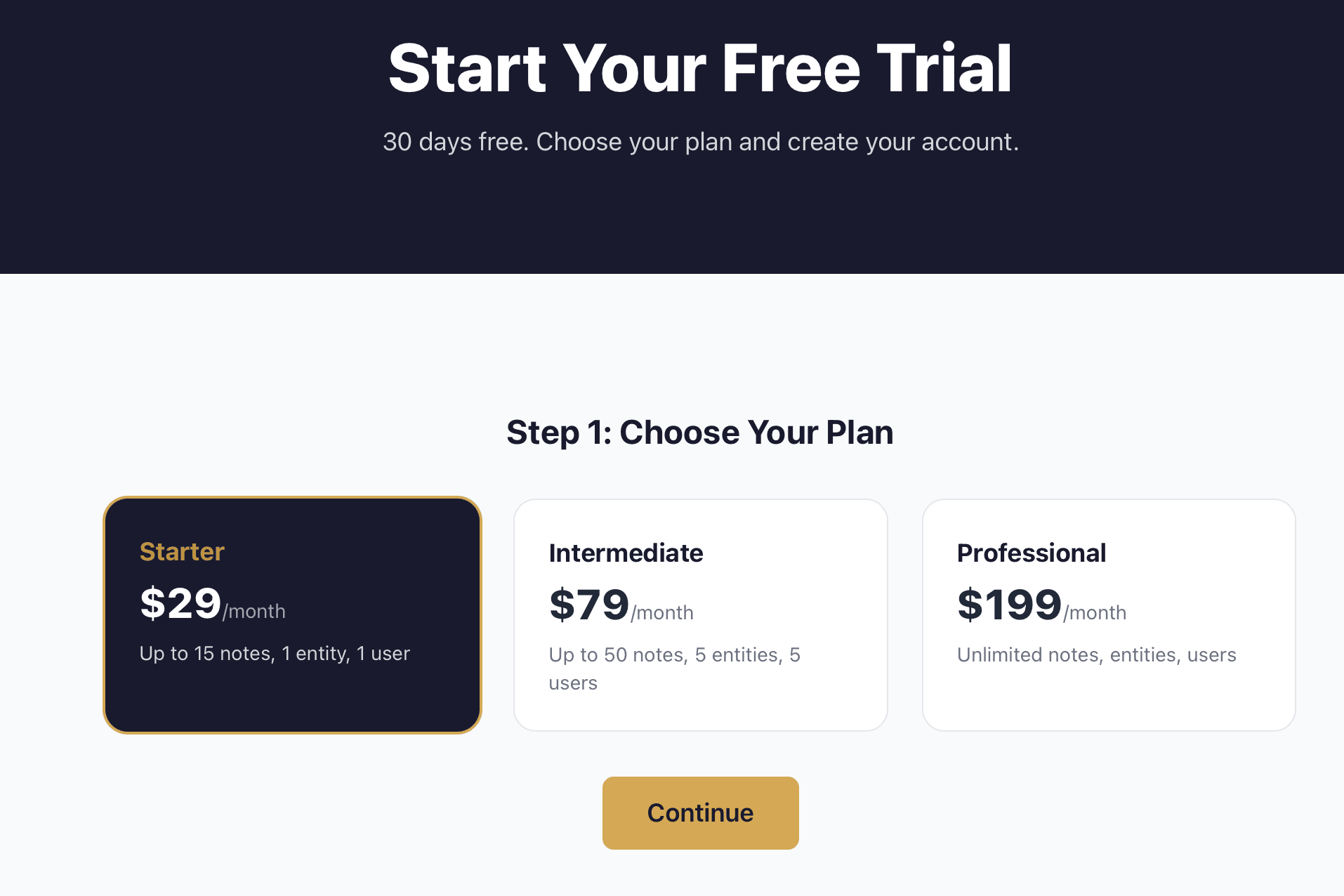 The plan selection step with the Intermediate plan card highlighted and the Continue button below