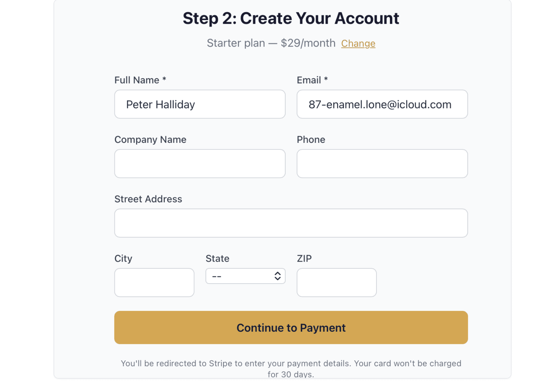 The Create Your Account form with Full Name, Email, Company Name, Phone, and address fields