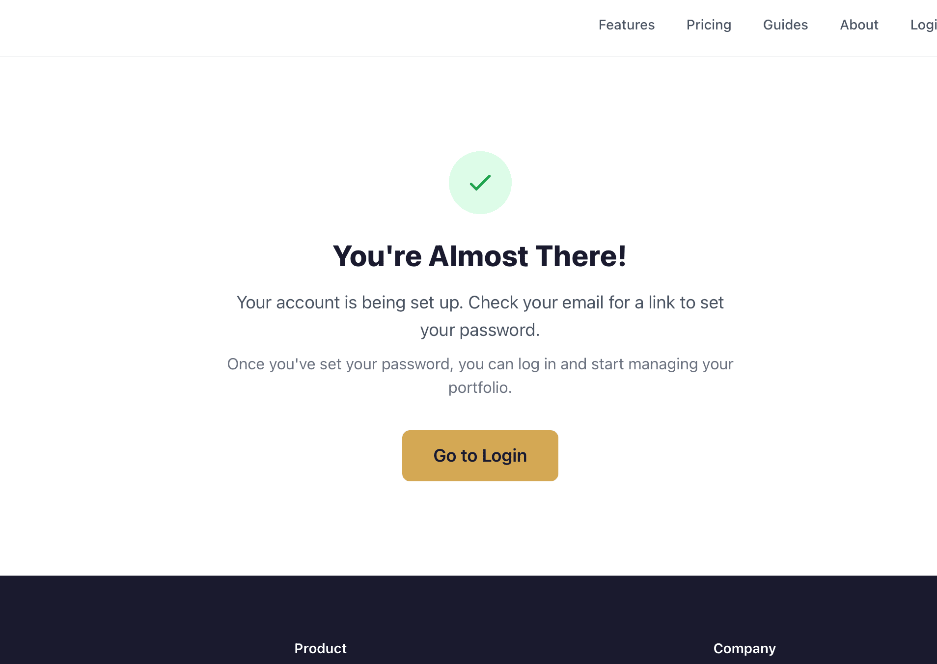 The You're Almost There confirmation page with a green checkmark and a Go to Login button