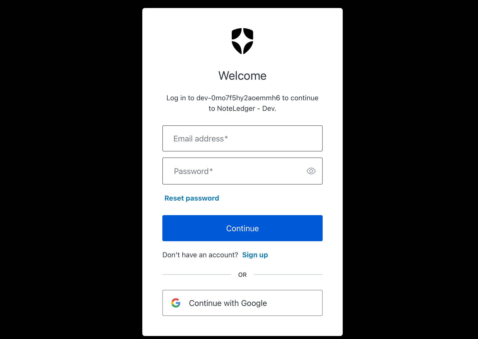 The NoteLedger app login page with email and password fields