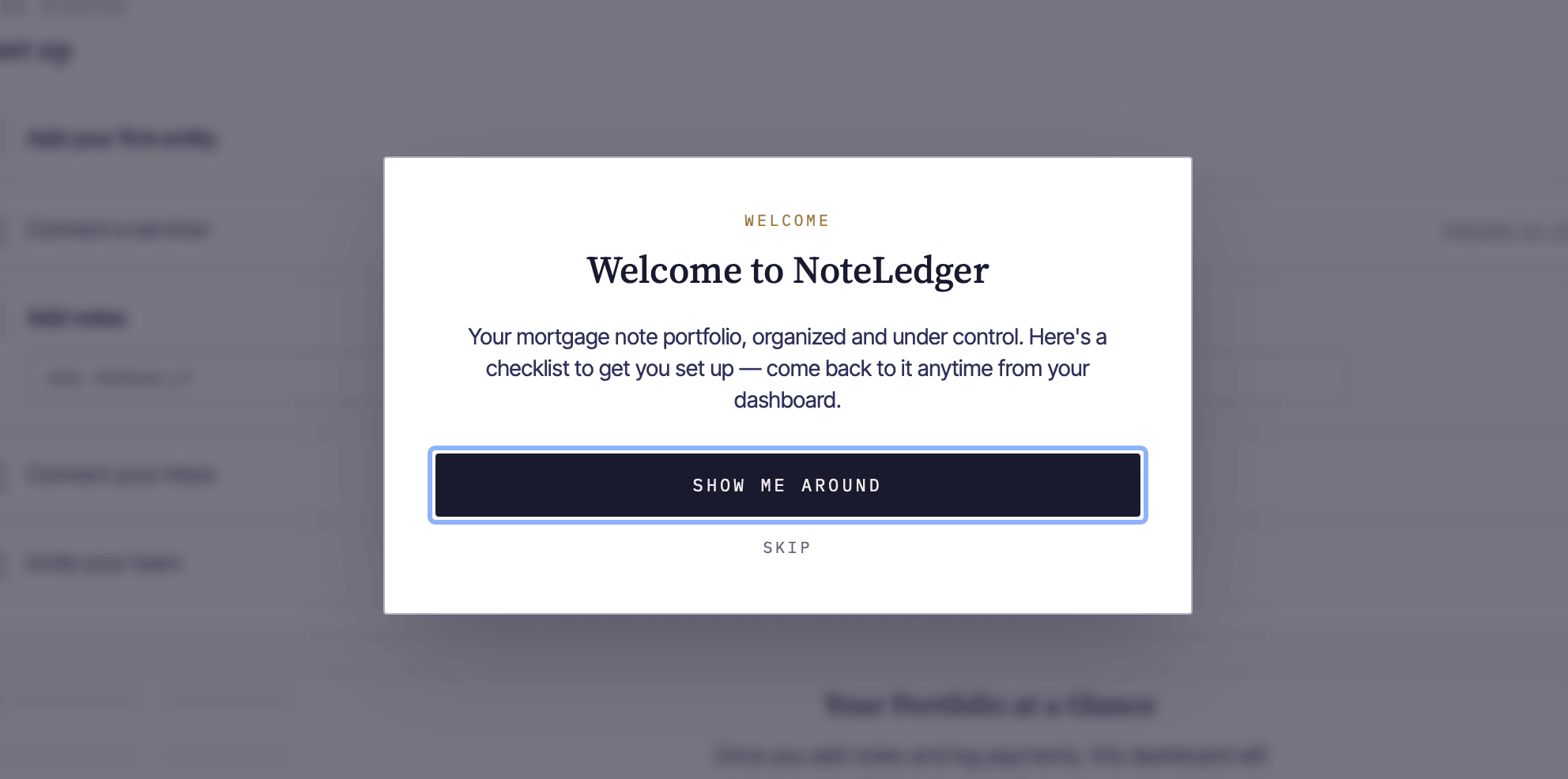 The Welcome to NoteLedger onboarding dialog with a Let's Get Started button and an I'll explore on my own link