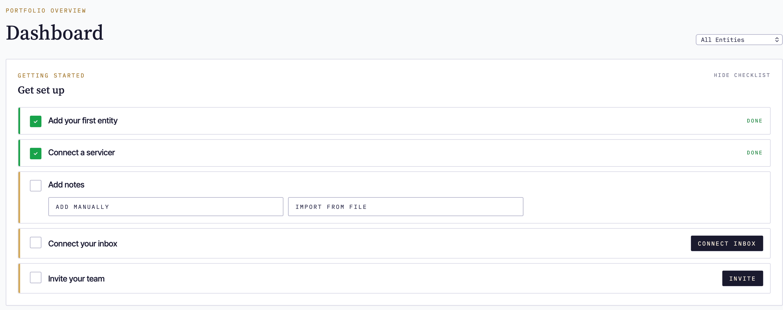 Wizard step 3: Bring In Your Notes, with Add Manually and Connect a Servicer buttons