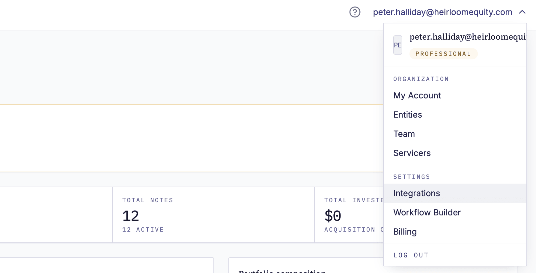 The NoteLedger user menu opened from the top-right account email, showing Integrations as one of the menu items