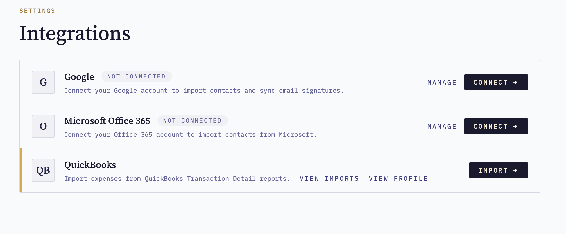 The Integrations page showing the Google card with a Not connected status badge and a Connect button on the right