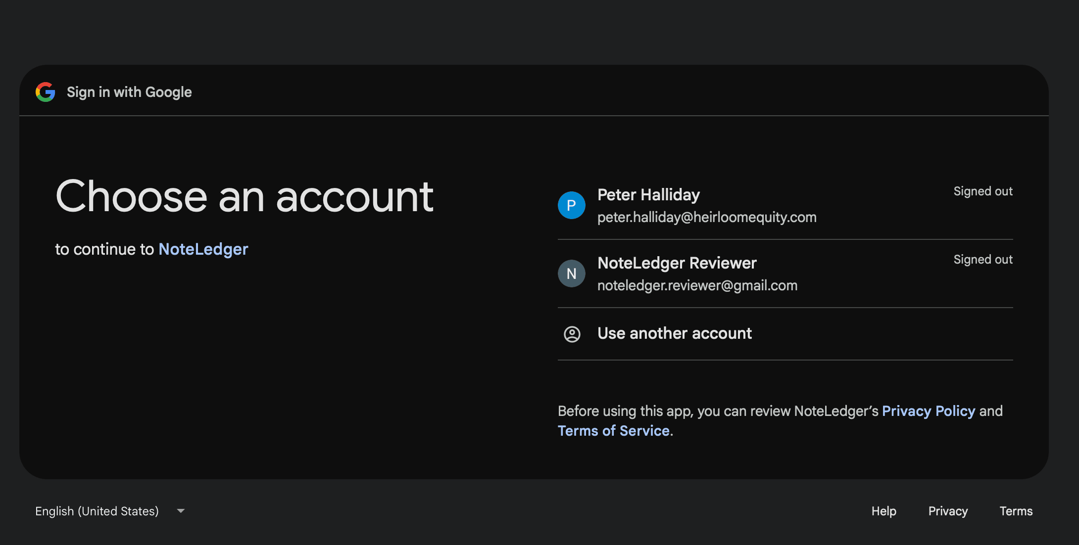 Google's account chooser screen, 'Choose an account to continue to NoteLedger', listing the available Google accounts