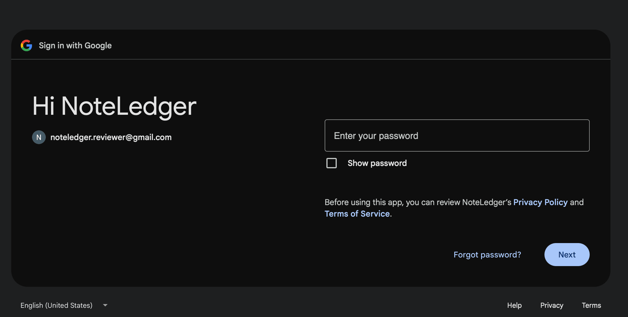 Google's password entry screen for the selected account, with an Enter your password field and a Next button