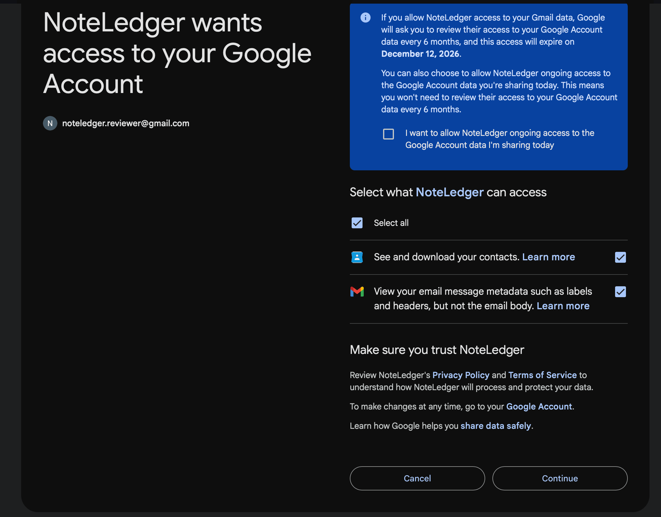 Google's consent screen, 'NoteLedger wants access to your Google Account', listing read-only contacts and Gmail metadata permissions with a Continue button