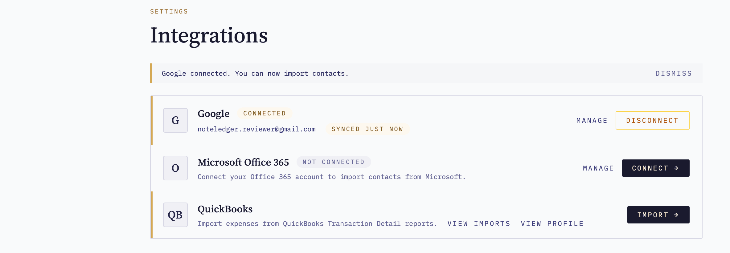 The Integrations page with a 'Google connected' banner and the Google card showing a Connected status badge, the linked Google email address, and a Synced just now label
