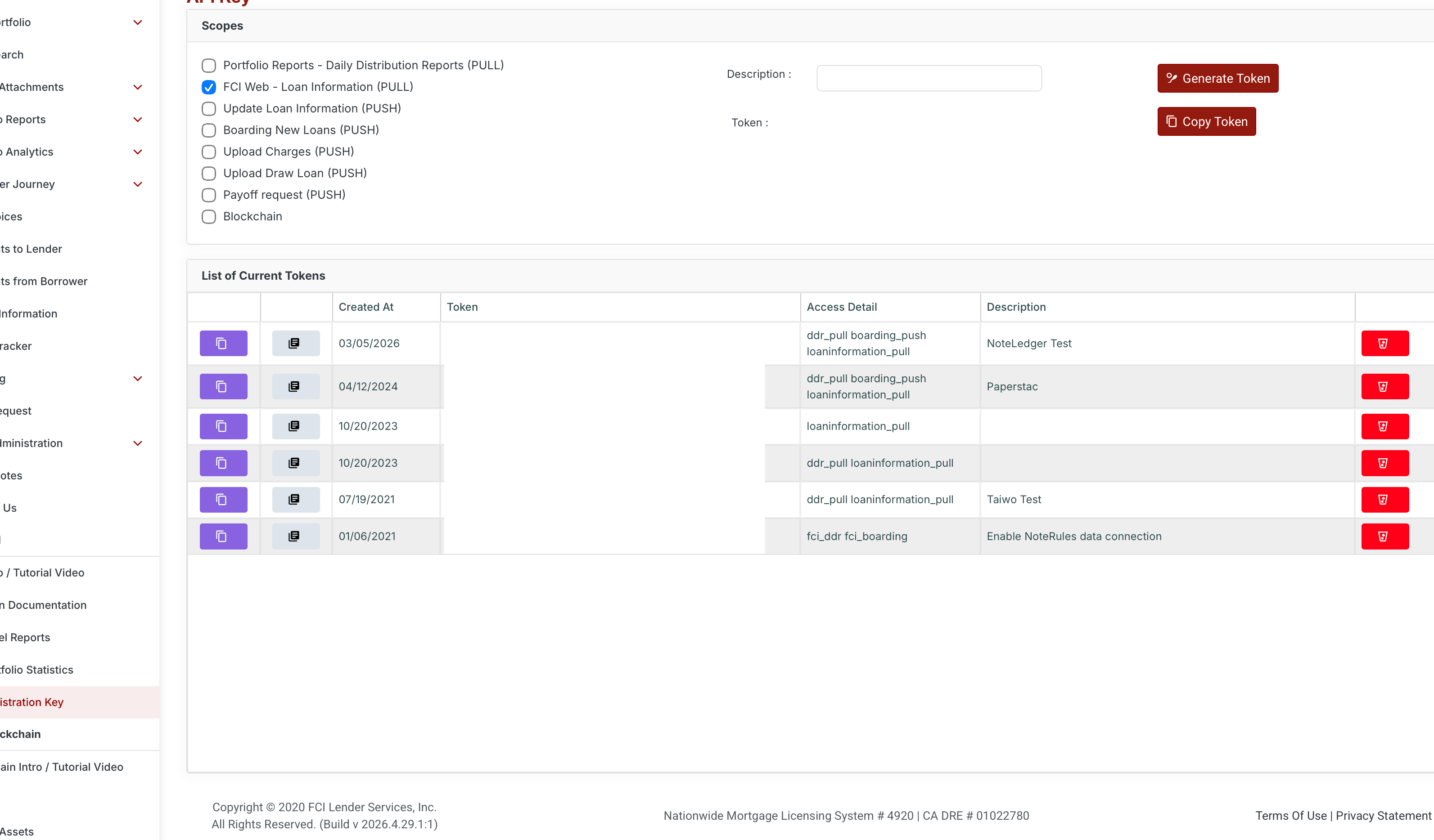 Select FCI Web - Loan Infromation (Pull) and click Generate Token.