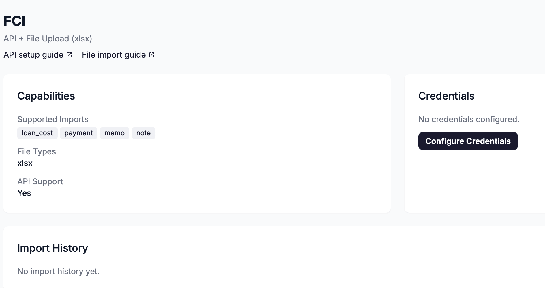 The Credentials section of the FCI detail page showing the Configure Credentials button