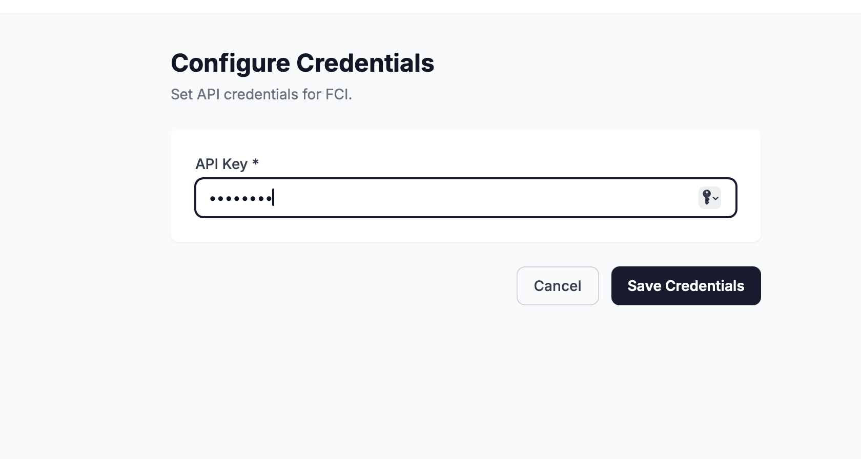 The Configure Credentials form with the API Key field ready for input