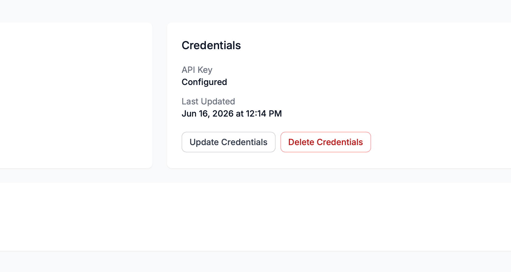 The Credentials section showing API Key: Configured and the last updated date