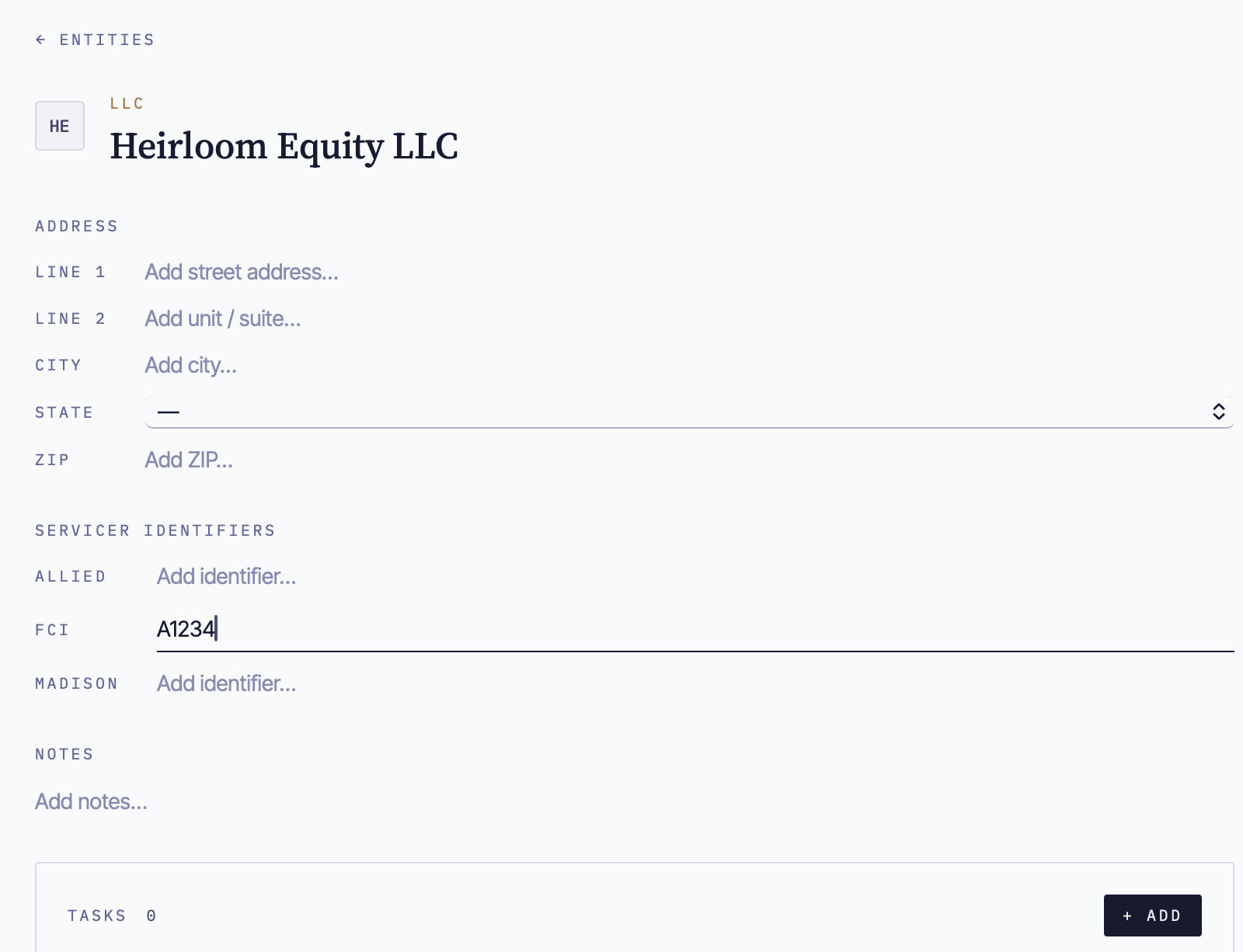 The Entity edit form showing the Servicer Identifiers section with the FCI field containing an investor ID