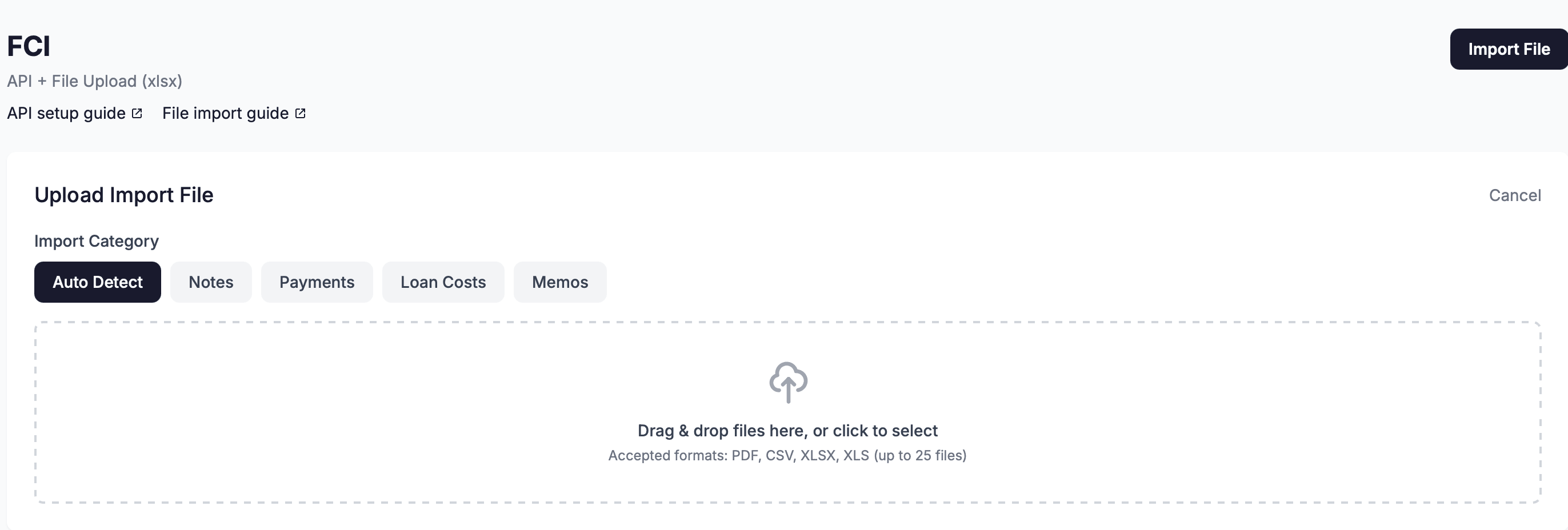 The Upload Import File panel showing the Import Category buttons and the file-drop zone