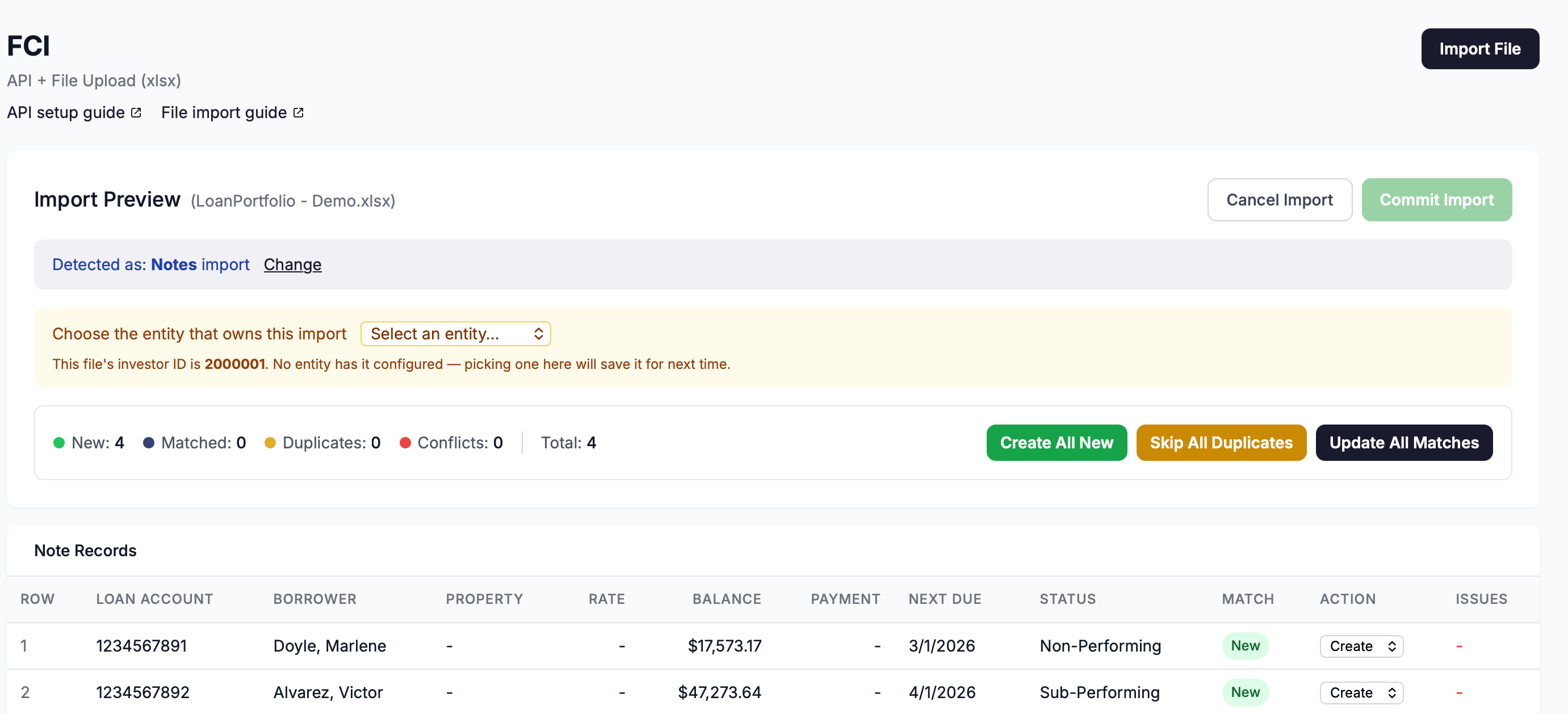 The Import Preview panel showing the auto-detected category banner, the preview table with Action dropdowns, and the entity selector