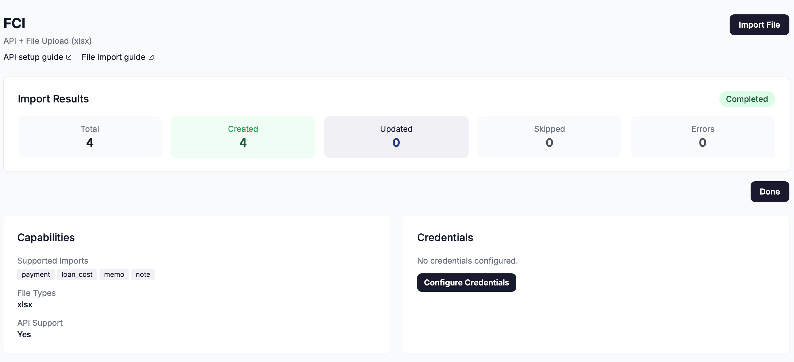 The Import Results panel showing the Total, Created, Updated, Skipped, and Errors tiles with a Completed status badge