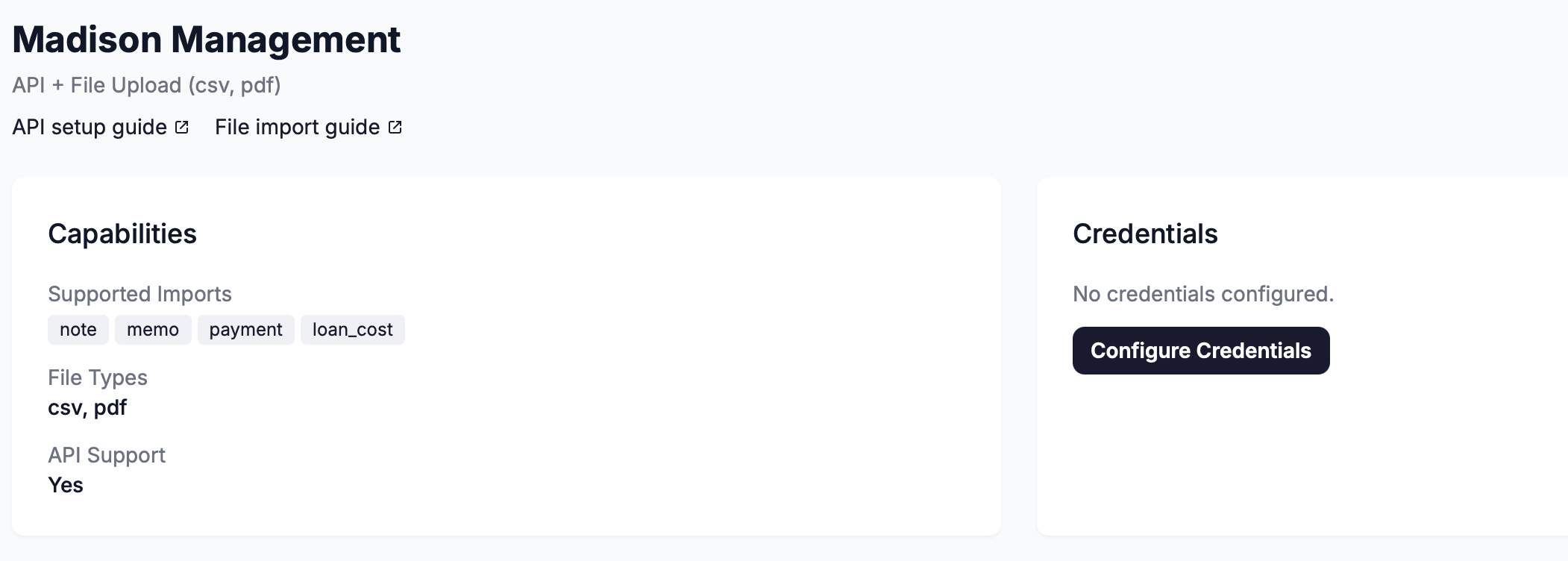 The Credentials section of the Madison Management detail page showing the Configure Credentials button
