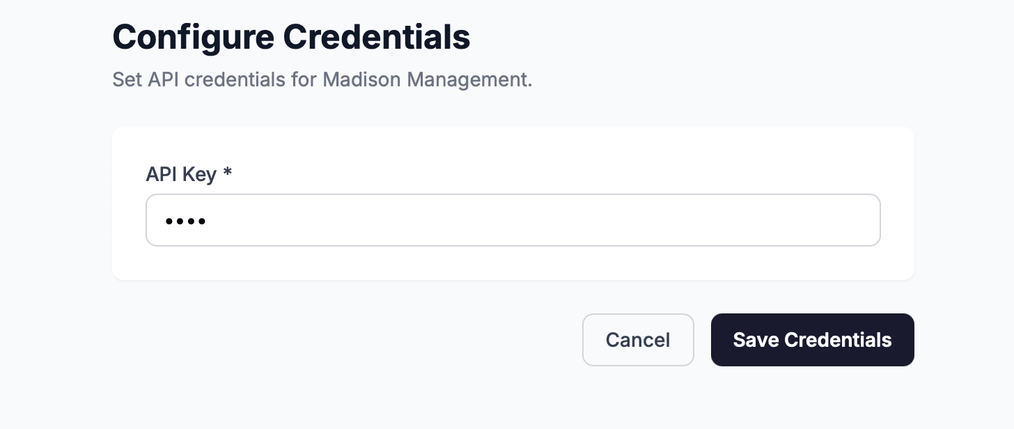 The Configure Credentials form with the API Key field ready for input