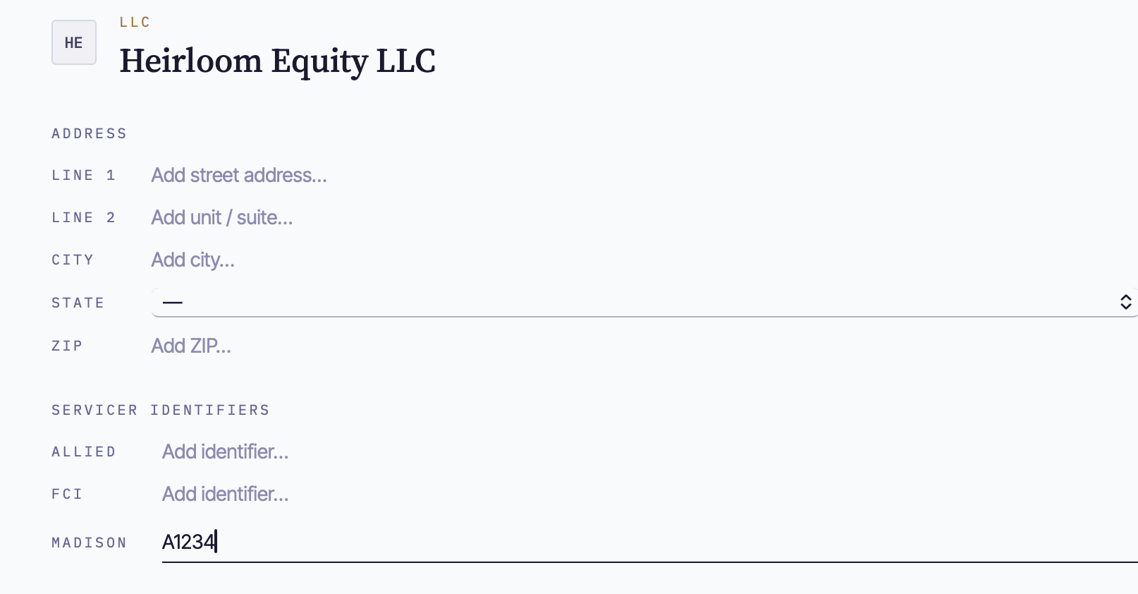 The Entity edit form showing the Servicer Identifiers section with the Madison field containing an investor ID