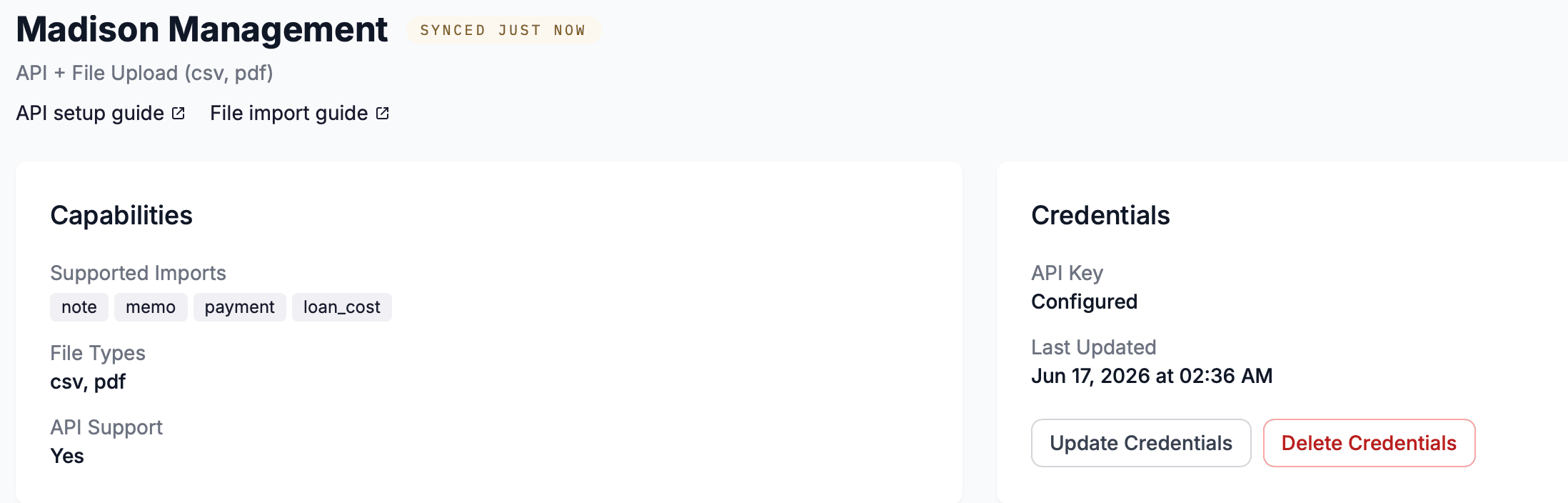 The Credentials section showing API Key: Configured and the last updated date