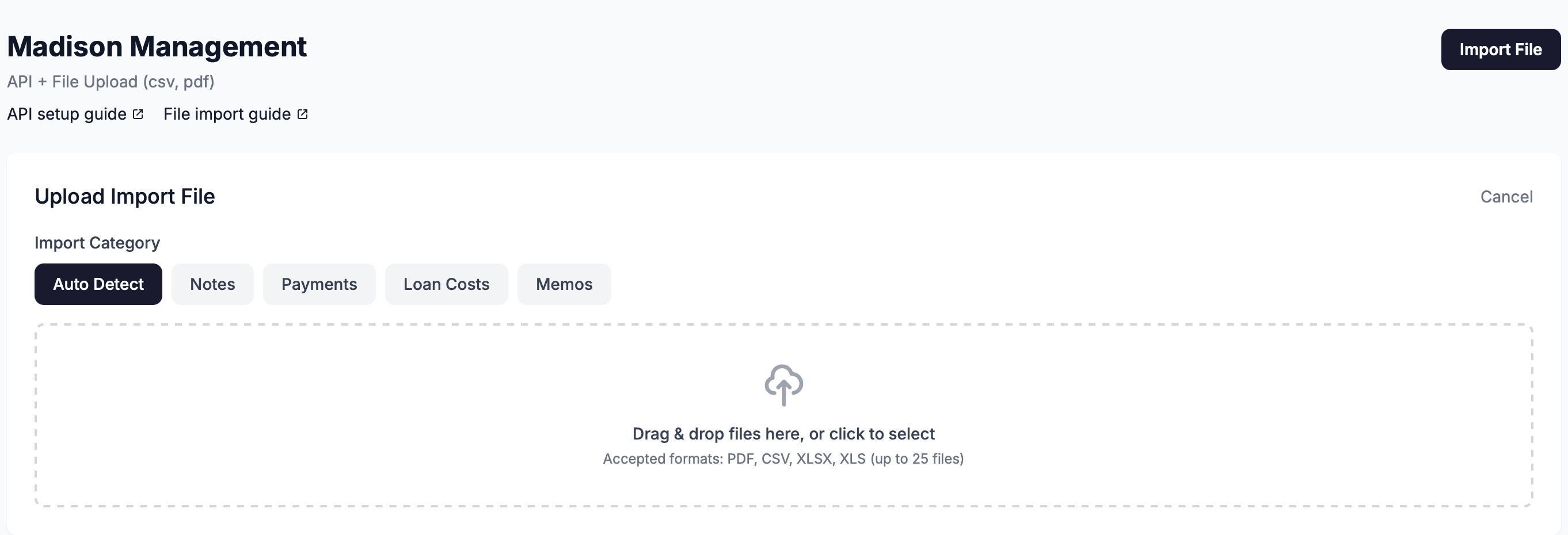 The Upload Import File panel showing the Import Category buttons and the file-drop zone