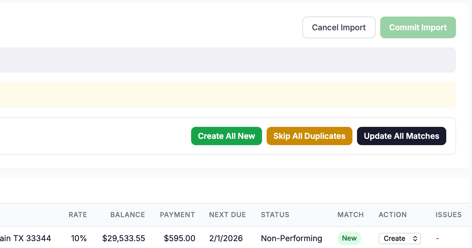 The Import Preview panel with the Commit Import button highlighted