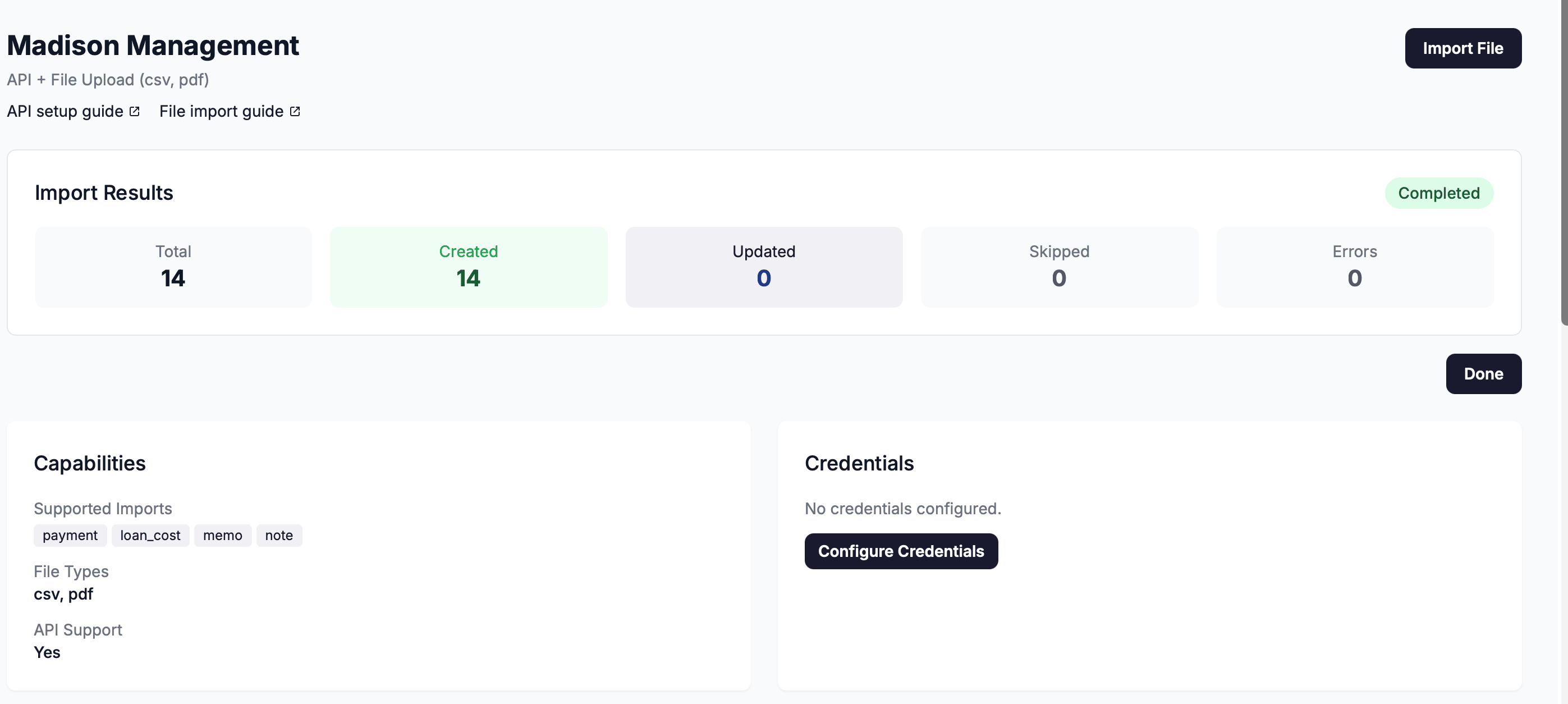 The Import Results panel showing the Total, Created, Updated, Skipped, and Errors tiles with a Completed status badge